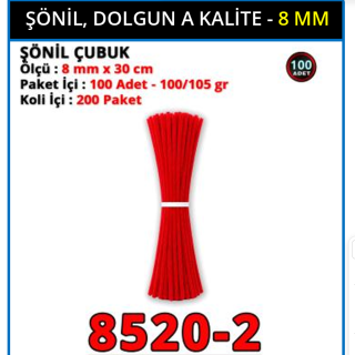 ŞÖNİL ÇUBUK- 8MM x 100ADET -[ KIRMIZI ]