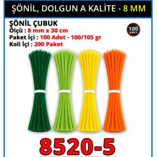 ŞÖNİL ÇUBUK- 8MM x 100 ADET - [ RENKLİ ]