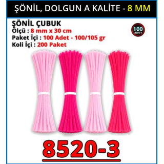 ŞÖNİL ÇUBUK- 8MM x 100ADET -[ RENKLİ ]
